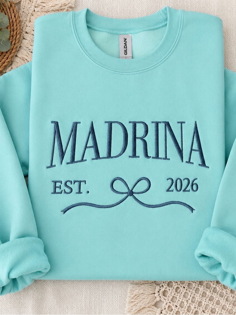 Gildan Mint Crewneck Sweatshirt with Navy 'MADRINA' Embroidery